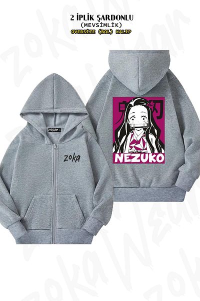 ZOKAWEAR Oversize Demon Slayer Nezuko Kamado x2 Πίσω στάμπα με φερμουάρ και γκρι ζακέτα (2 κλωστές)