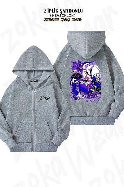 ZOKAWEAR Helluva Boss Loona Patterned - Γκρι Oversize Ζακέτα με φερμουάρ και κουκούλα (2 κλωστές)