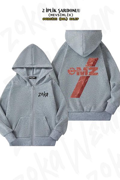 ZOKAWEAR Oversize Omz Mz World Vintage Back Printed με φερμουάρ και κουκούλα γκρι ζακέτα (2 κλωστές)