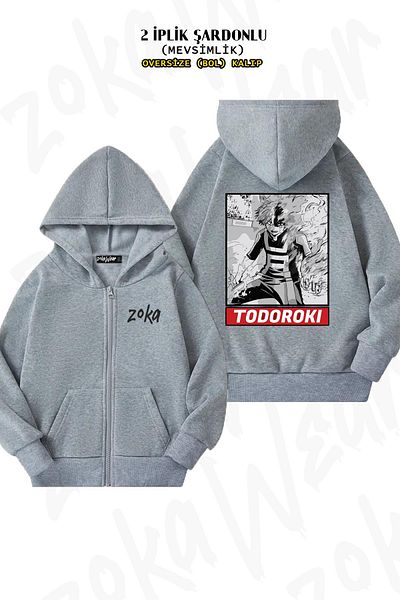 ZOKAWEAR Oversize My Hero Academia Shoto Todorokii Back Printed Hoodie με φερμουάρ Γκρι ζακέτα (2 κλωστές)