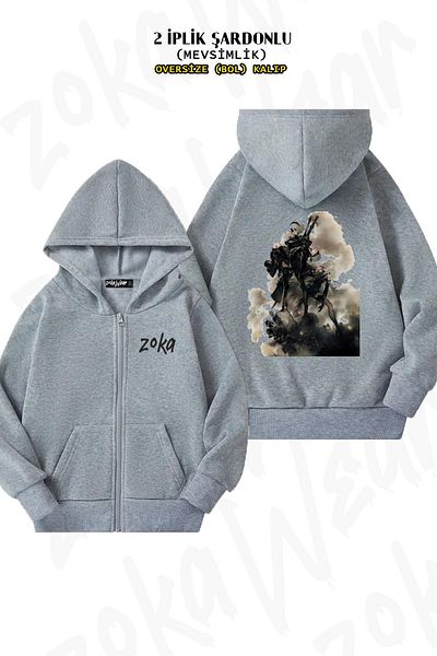 ZOKAWEAR Nier Automata 3 Back Printed - Γκρι ζακέτα με κουκούλα με φερμουάρ (2 κλωστές)