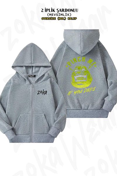 ZOKAWEAR Shrek St. Patrick's Day - Oversize γκρι ζακέτα με κουκούλα, στάμπα στην πλάτη, φερμουάρ (2 κλωστές)