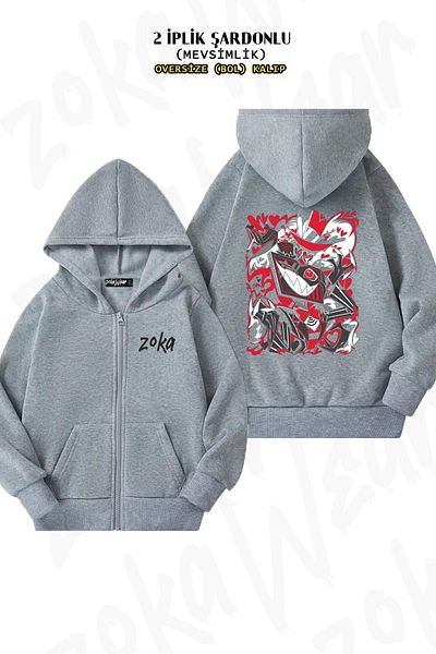 ZOKAWEAR Hazbin Hotel Vox Gray Oversize Cardigan - Back Print, Zipper, Hoodie (2 Thread)