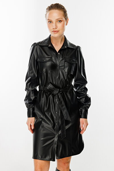 Ekol Beli Kuşaklı Deri Elbise