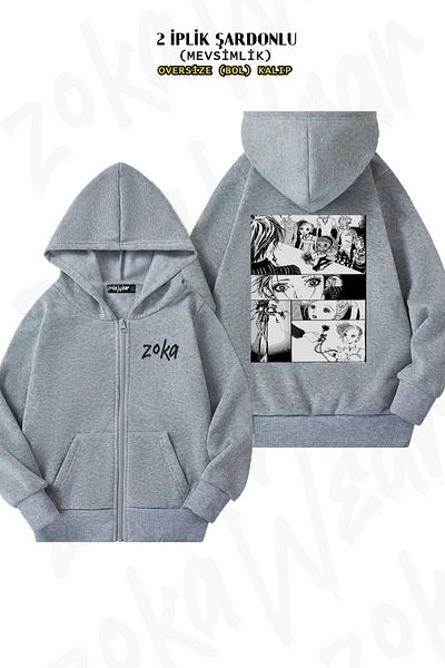 ZOKAWEAR Μοτίβο Nana (Manga) - Γκρι ζακέτα με κουκούλα με φερμουάρ και στάμπα στην πλάτη (2 κλωστές)