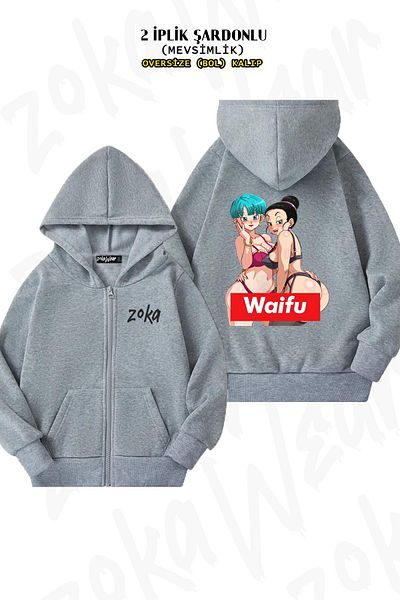 ZOKAWEAR Υπερμεγέθη Waifu Finding And Chichi Back Printed Zipper Hooded Grey Cardigan (2 νήματα)