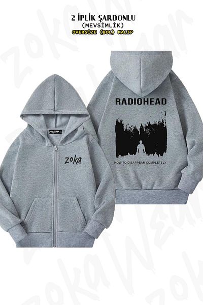 ZOKAWEAR Radiohead Disappear Oversize Grey Cardigan - Πίσω στάμπα, φερμουάρ, κουκούλα (2 κλωστές)