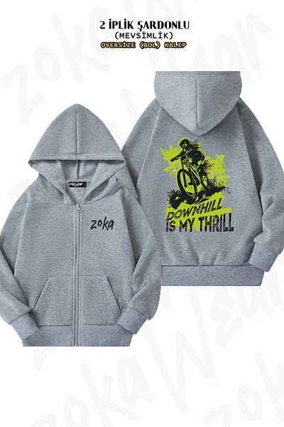 ZOKAWEAR Oversize Downhill Is My Years Back Printed Zipper Hooded Grey Cardigan (2 νήματα)