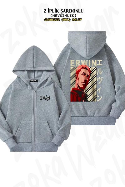 ZOKAWEAR Oversize Attack On Titan Erwin Smith Anime 2 πίσω με φερμουάρ με κουκούλα γκρι ζακέτα (2 κλωστές)