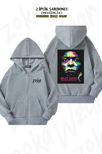 ZOKAWEAR Miles Davis Oversize Grey Unis Cardigan - Πίσω στάμπα με φερμουάρ και κουκούλα (2 κλωστές)