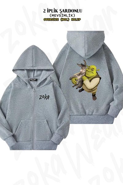 ZOKAWEAR Oversize Shrek and Donkey Back Printed Zipper Hooded Grey Cardigan (2 νήματα)