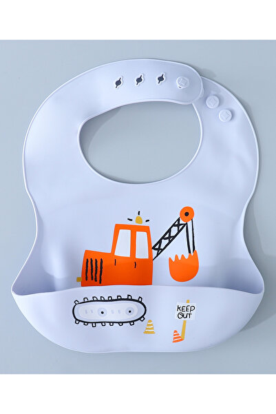 Fab N Funky Silicone Construction Vehicle Print Bib for Babies, Water-Repellent - Light Blue