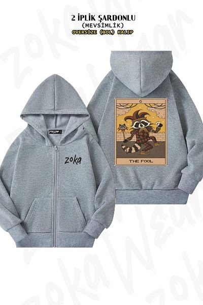 ZOKAWEAR The Fool Raccoons Tarot Pattern - Γκρι Oversize ζακέτα με κουκούλα με φερμουάρ (2 κλωστές)