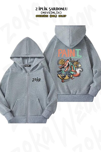 ZOKAWEAR Γκρι ζακέτα με μοτίβο Fox Illustration - Πίσω στάμπα, φερμουάρ, κουκούλα (2 κλωστές)