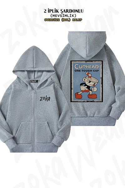 ZOKAWEAR Εκτύπωση Cuphead Back - Γκρι ζακέτα με κουκούλα με φερμουάρ (2 κλωστές)