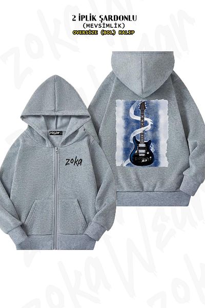 ZOKAWEAR Εκτύπωση ηλεκτρικής κιθάρας v4 στην πλάτη - Γκρι ζακέτα με κουκούλα με φερμουάρ (2 νήματα)