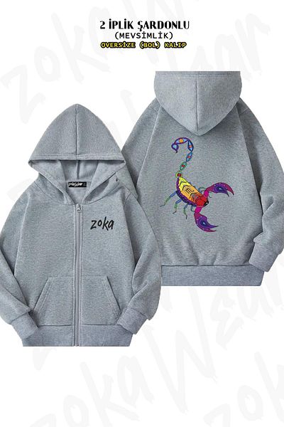 ZOKAWEAR Scorpio V3 - Back Printed, Zip-Up Hooded Gray Cardigan (2 Thread)