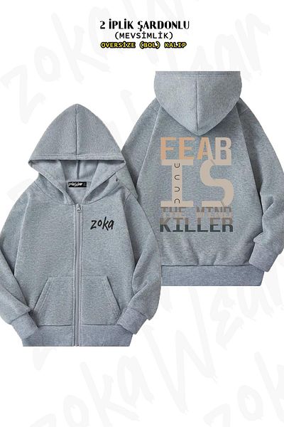 ZOKAWEAR Dune - Fear Is The Mind Killer Oversize γκρι ζακέτα με στάμπα στην πλάτη, φερμουάρ και κουκούλα (2 κλωστές)