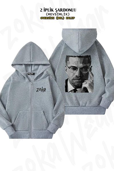 ZOKAWEAR Malcolm X James 3 Back Printed Oversize Grey Cardigan - Φερμουάρ και κουκούλα (2 κλωστές)
