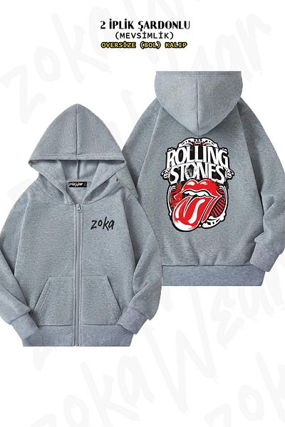 ZOKAWEAR The Rolling Stones Special Back Printed - Γκρι ζακέτα με κουκούλα με φερμουάρ (2 κλωστές)