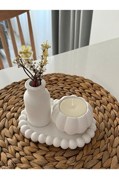 MUM Dekoratif Boncuk Tabaklı Mum ve Vazo Takımı