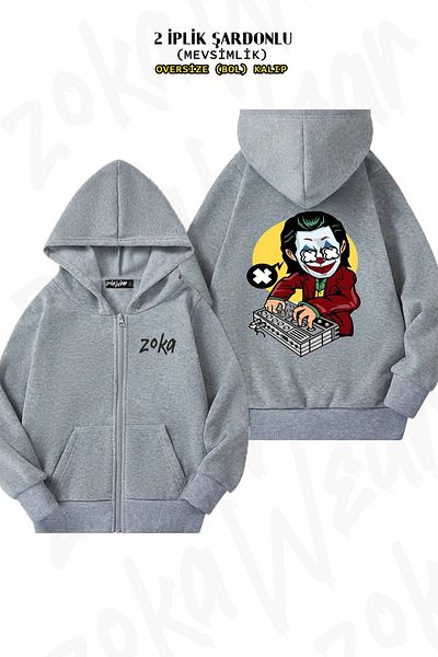 ZOKAWEAR Oversize Poker Dj Back Printed με φερμουάρ με κουκούλα γκρι ζακέτα (2 κλωστές)