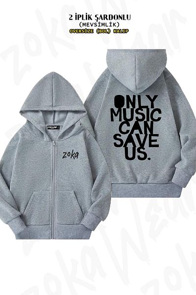 ZOKAWEAR Γκρι Oversize Ζακέτα - Πίσω στάμπα, Φερμουάρ, Κουκούλα (2 κλωστές)