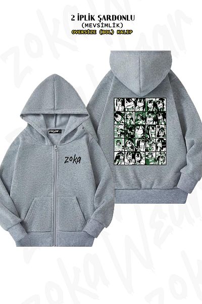 ZOKAWEAR Oversize My Hero Academia Tsuyu Asui Back Printed Zipper Hooded Grey Cardigan (2 νήματα)