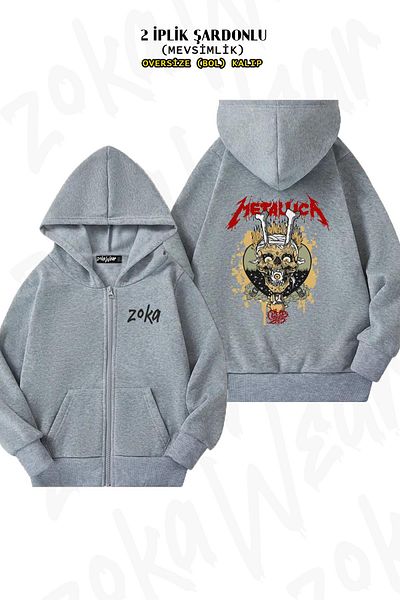 ZOKAWEAR Metallica v4 Back Printed - Γκρι ζακέτα με κουκούλα με φερμουάρ (2 κλωστές)