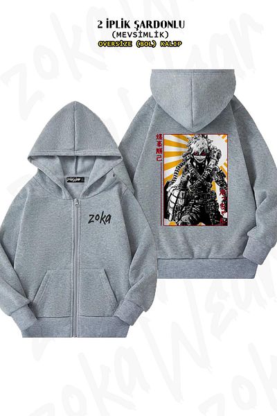 ZOKAWEAR Oversize My Hero Academia Katsuki Bakugo 2 Πίσω στάμπα με φερμουάρ και κουκούλα γκρι ζακέτα (2 κλωστές)
