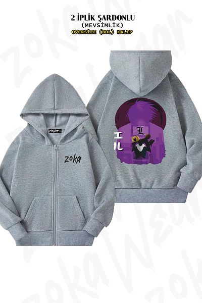ZOKAWEAR Death Note L Character Back Printed - Γκρι ζακέτα με κουκούλα με φερμουάρ (2 κλωστές)