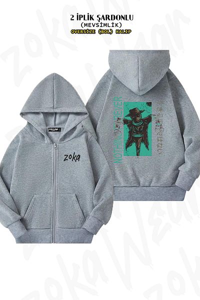 ZOKAWEAR Γκρι Oversize Ζακέτα με κουκούλα - Πίσω στάμπα, με φερμουάρ (2 κλωστές)