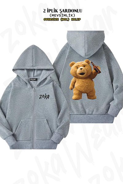ZOKAWEAR Oversize Grey Teddy Cardigan - Bear Printed, Φερμουάρ, Hoodie, 2 κλωστές