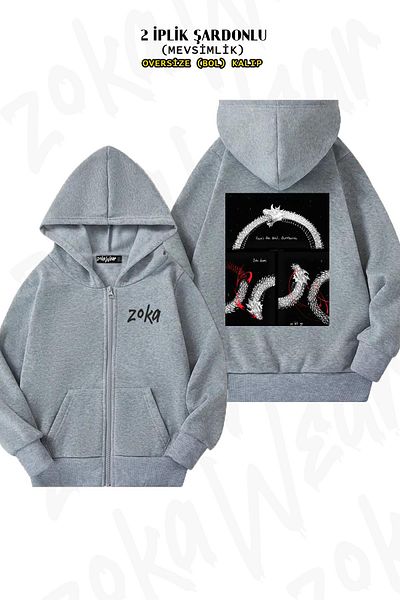 ZOKAWEAR Ouroboros Pattern - Γκρι ζακέτα με φερμουάρ και κουκούλα (2 κλωστές)