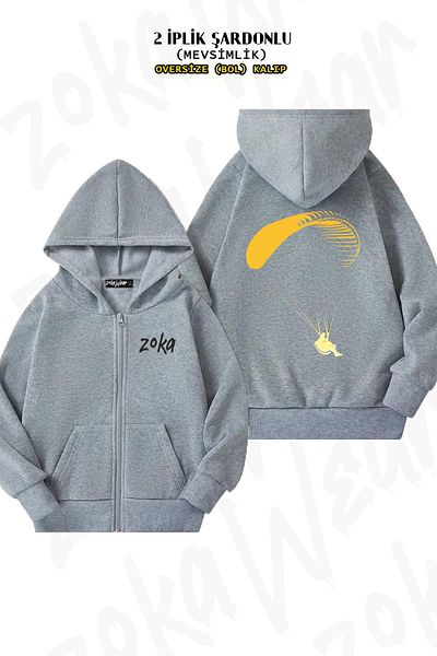 ZOKAWEAR Paragliding Paragliding - Γκρι ζακέτα με κουκούλα με φερμουάρ και στάμπα στην πλάτη (2 κλωστές)