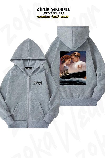 ZOKAWEAR Oversize Titanic Back Printed με φερμουάρ και κουκούλα γκρι ζακέτα (2 νήματα)