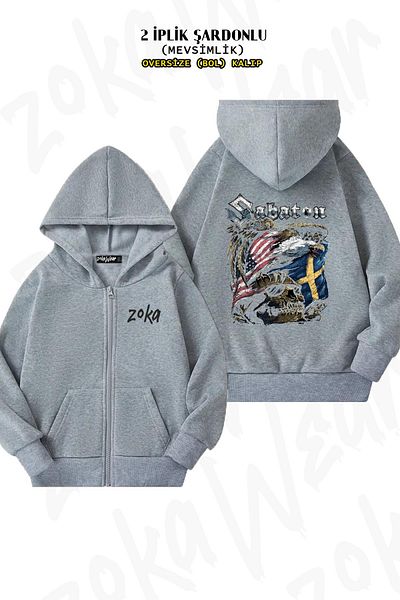 ZOKAWEAR Sabaton Eagle Printed - Γκρι ζακέτα με κουκούλα με φερμουάρ (2 κλωστές)