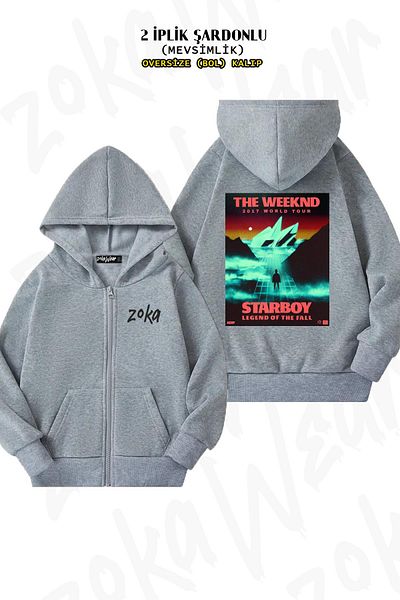 ZOKAWEAR The Weeknd Starboy Tour Back Printed Grey Oversize Cardigan - με φερμουάρ και κουκούλα (2 κλωστές)