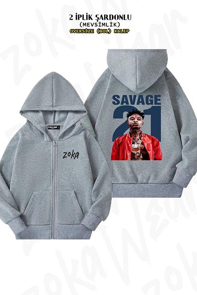 ZOKAWEAR Oversize 21 Savage Back Printed Zippered Hooded Grey Cardigan (2 νήματα)
