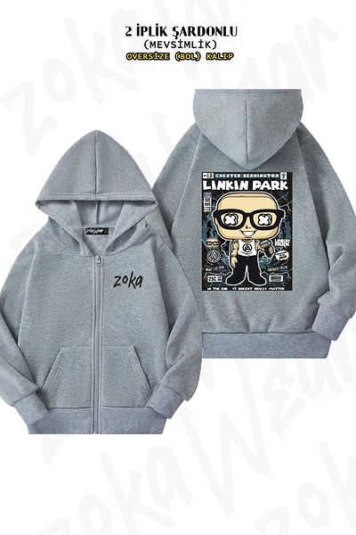ZOKAWEAR Linkin Park 3 Back Printed - Γκρι ζακέτα με κουκούλα με φερμουάρ (2 κλωστές)