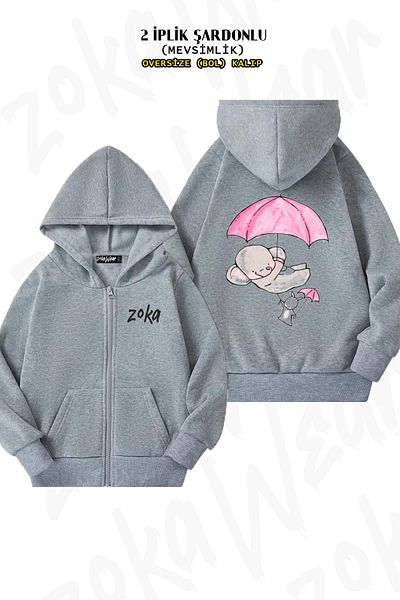 ZOKAWEAR Υπερμεγέθη Elephant and Rabbit Friendship Back Printed Zipper Hooded Grey Cardigan (2 κλωστές)