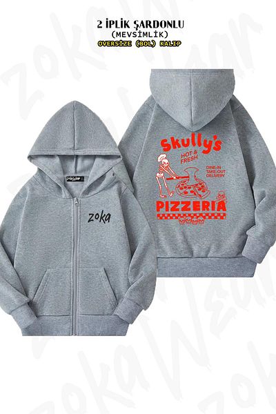 ZOKAWEAR Skully's Pizzeria Oversize Grey Cardigan - Πίσω στάμπα, φερμουάρ και κουκούλα (2 κλωστές)