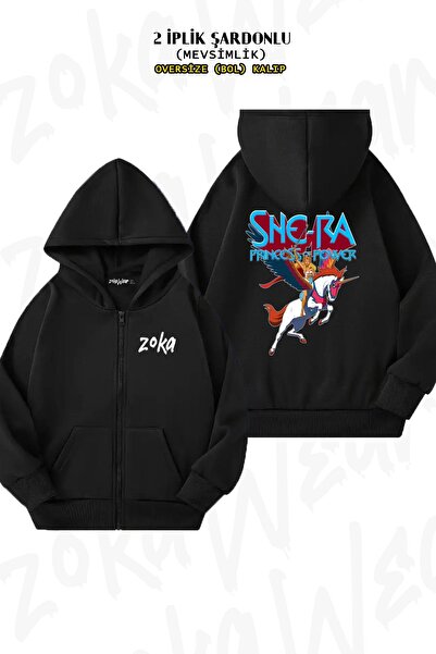 ZOKAWEAR Oversize She Ra Back Printed Zip Hooded Black Cardigan (2 Thread)