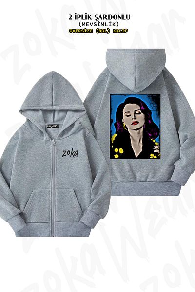 ZOKAWEAR Lana Del Rey Special Back Printed - Γκρι ζακέτα με κουκούλα με φερμουάρ (2 κλωστές)