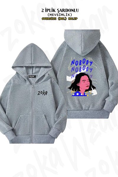 ZOKAWEAR Oversize Mitski Back Printed Zippered Hooded Gray Cardigan (2 Thread)