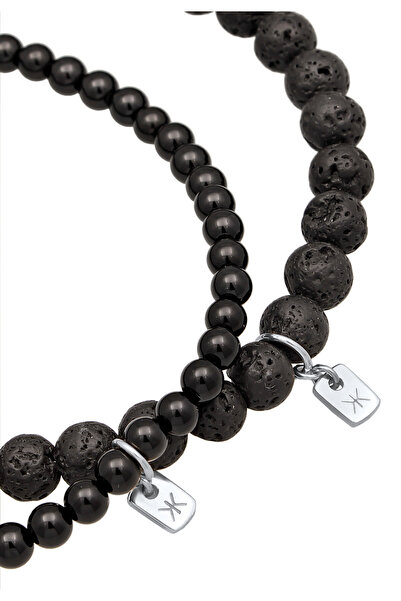 KUZZOI Pánský náramek s korálky, černý, s lávou a onyxem, ze sterlingového stříbra 925