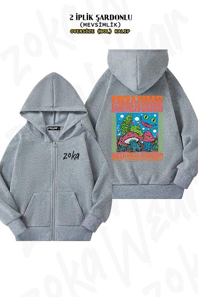 ZOKAWEAR Melvins Napalm Oversize Grey Cardigan - Πίσω στάμπα, με φερμουάρ, με κουκούλα (2 κλωστές)