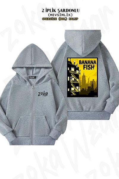 ZOKAWEAR Γκρι ζακέτα με θέμα τη Νέα Υόρκη Banana Fish Anime - Hoodie, φερμουάρ, τυπωμένη πλάτη (2 κλωστές)