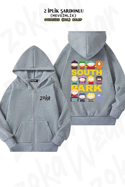ZOKAWEAR South Park Jumbo Group Grey Cardigan - Oversize, στάμπα στην πλάτη, φερμουάρ και κουκούλα (2 κλωστές)