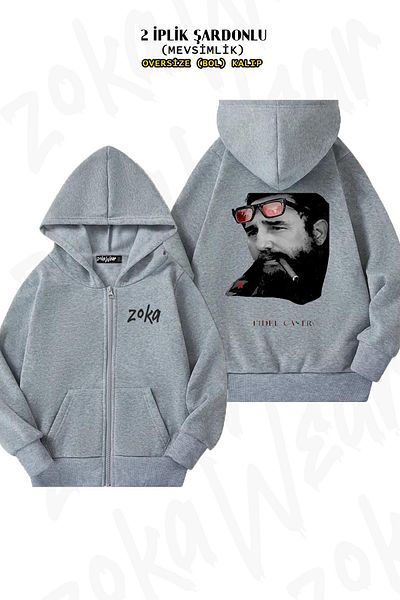 ZOKAWEAR Μοτίβο Fidel Castro - Γκρι ζακέτα με κουβανέζικη στάμπα στην πλάτη, φερμουάρ και κουκούλα (2 κλωστές)